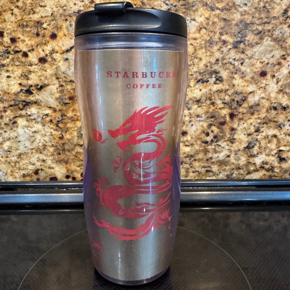 Starbucks Coffee 2004 Red Dragon Metallic Gold Travel Tumbler 12oz Purple Shell